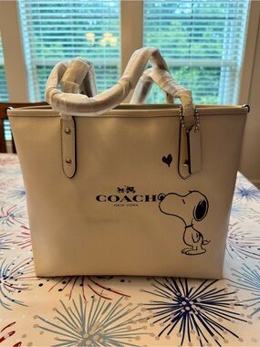 Coach Cream Leather Tote with Snoopy and Heart Detail *NWT*